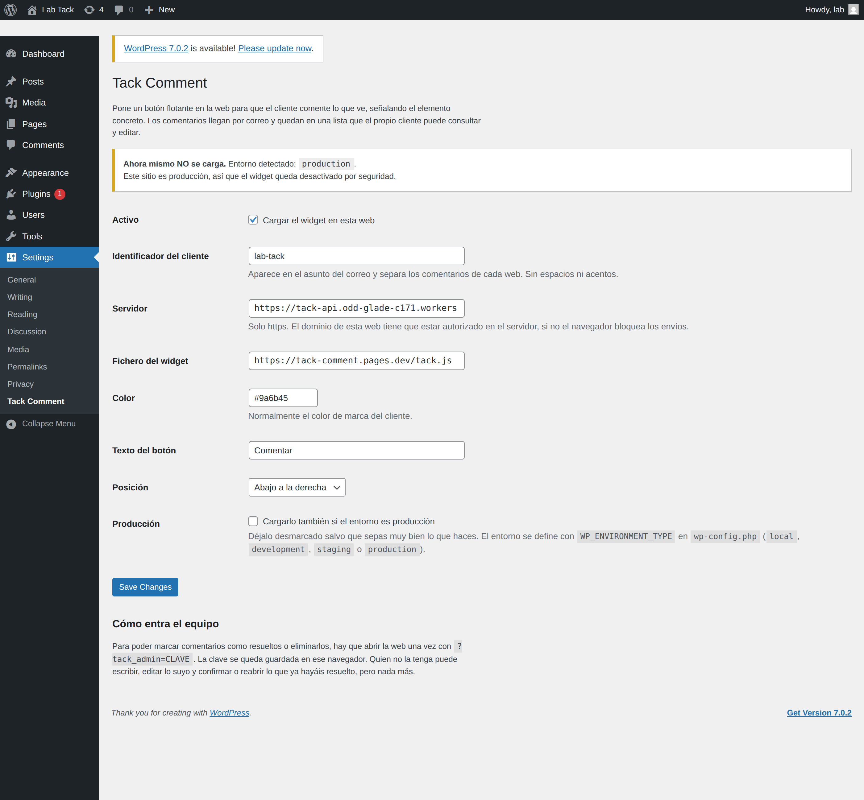 The plugin settings page, refusing to load on a production site